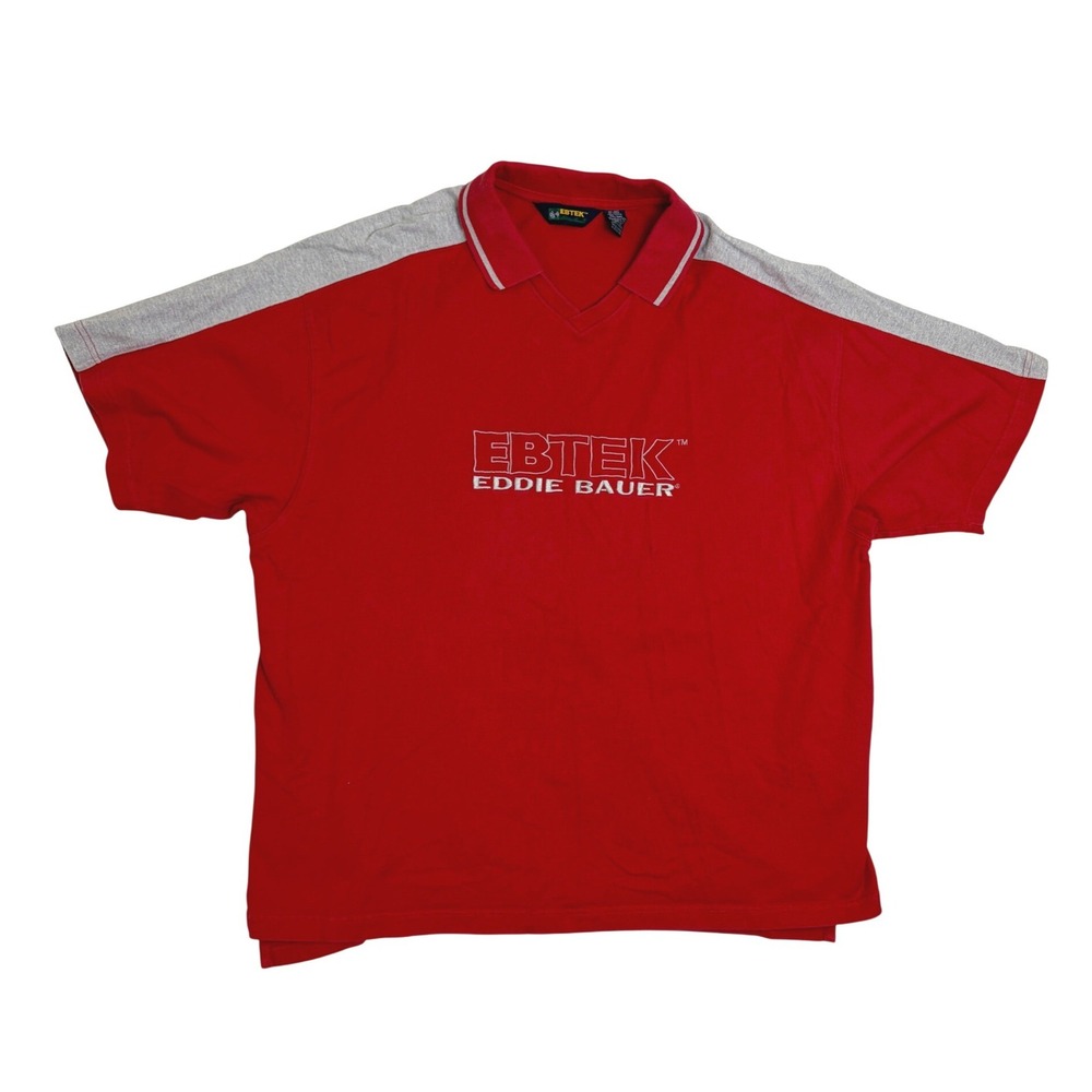 Vintage EBTEK Eddie Bauer Polo Shirt Mens XXL Red Grey Short Sleeve V-Neck
